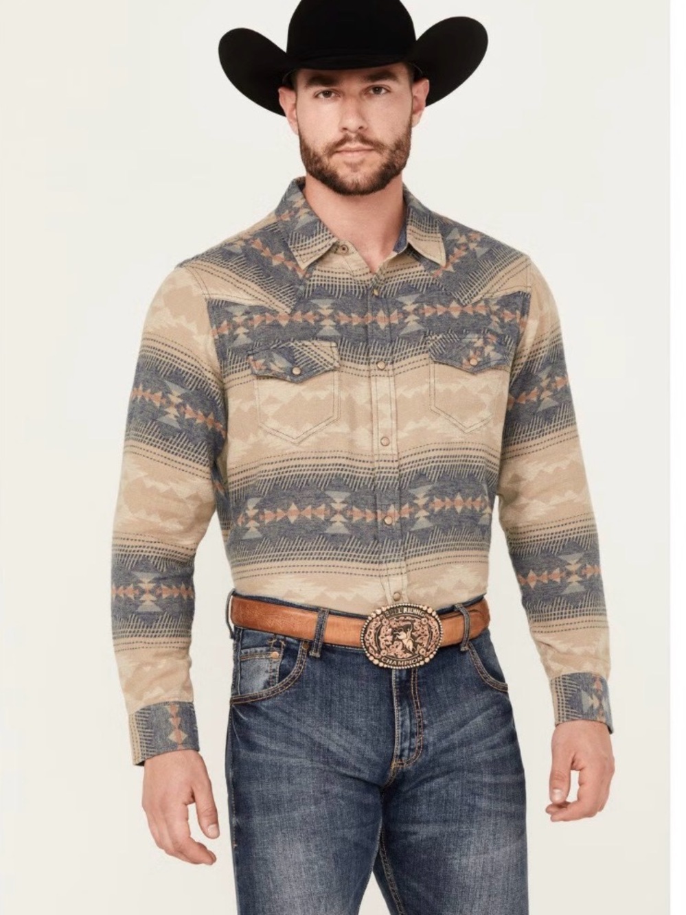 Men's Beige and Blue Patterned Casual Button-Down cowboy 🤠 Shirt 100% cotton